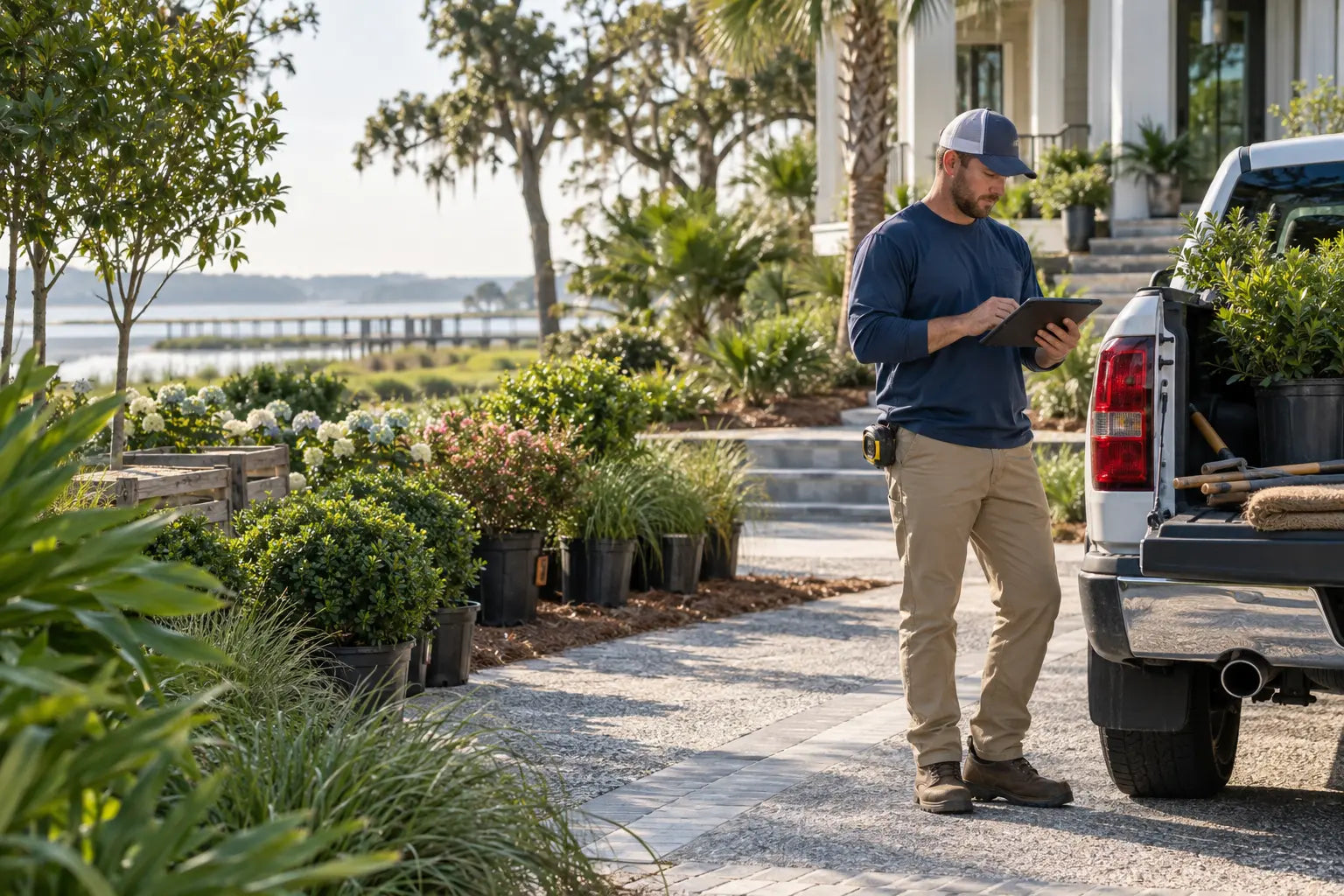 Landscape professional planning a planting job beside a truck of plants